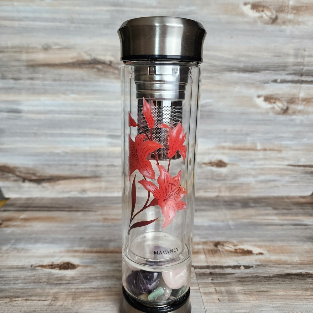 Mavanly Crystal Gem Infusion Bottle Double Glass Tea Tumbler Red Lily with Sleev